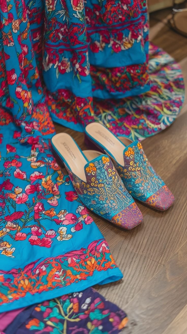 Colorful mules paired with a vibrant blue dress featuring floral patterns.
