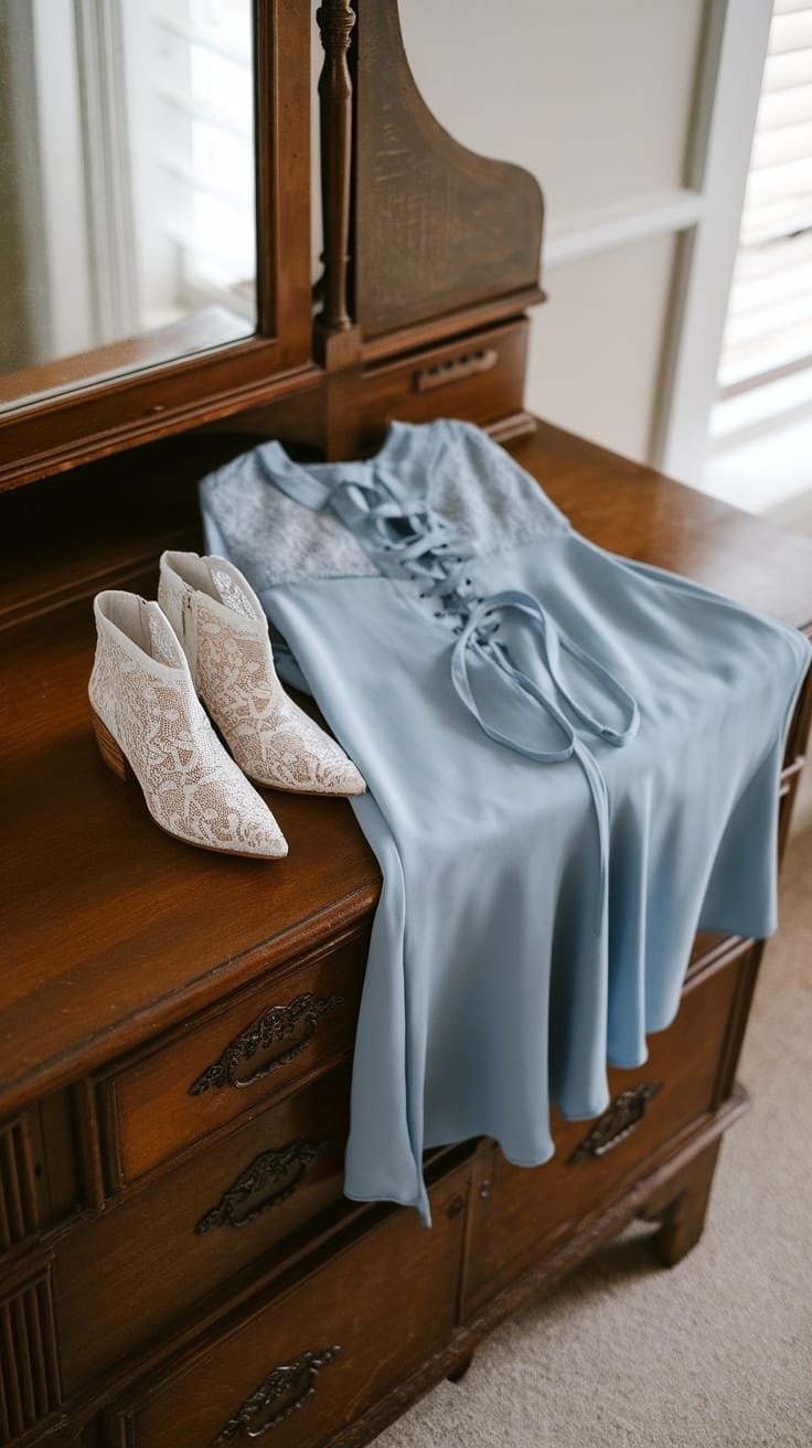 Lacy white booties placed next to a light blue dress on a wooden dresser.