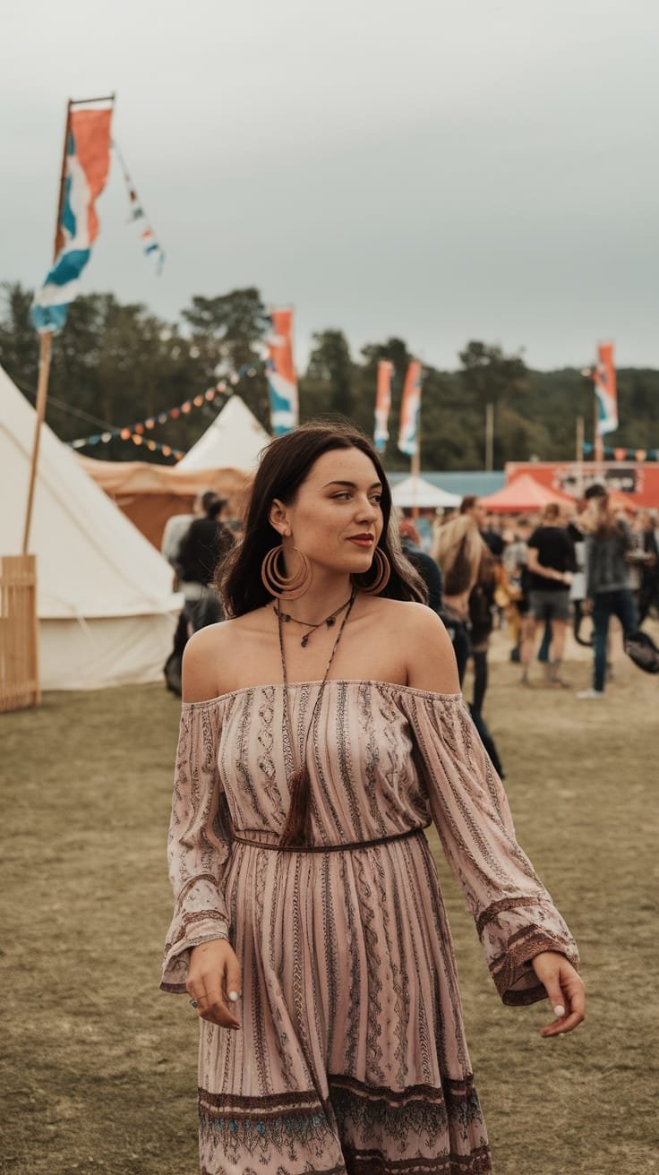 A woman wearing large wooden hoop earrings with an off-the-shoulder dress at a festival.