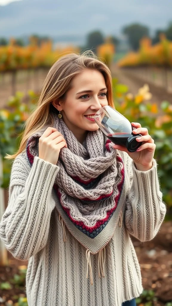 Woman enjoying wine in a vineyard wearing a knit sweater, scarf, and ankle boots.
