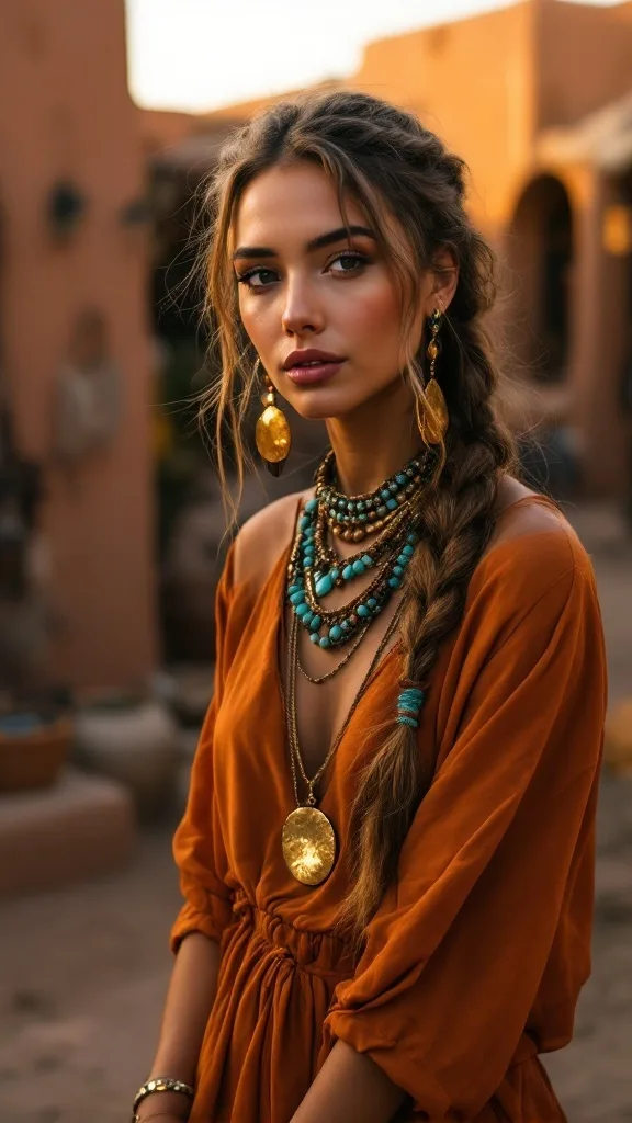 A woman wearing layered pendants with earthy gemstones and big, dangling earrings.