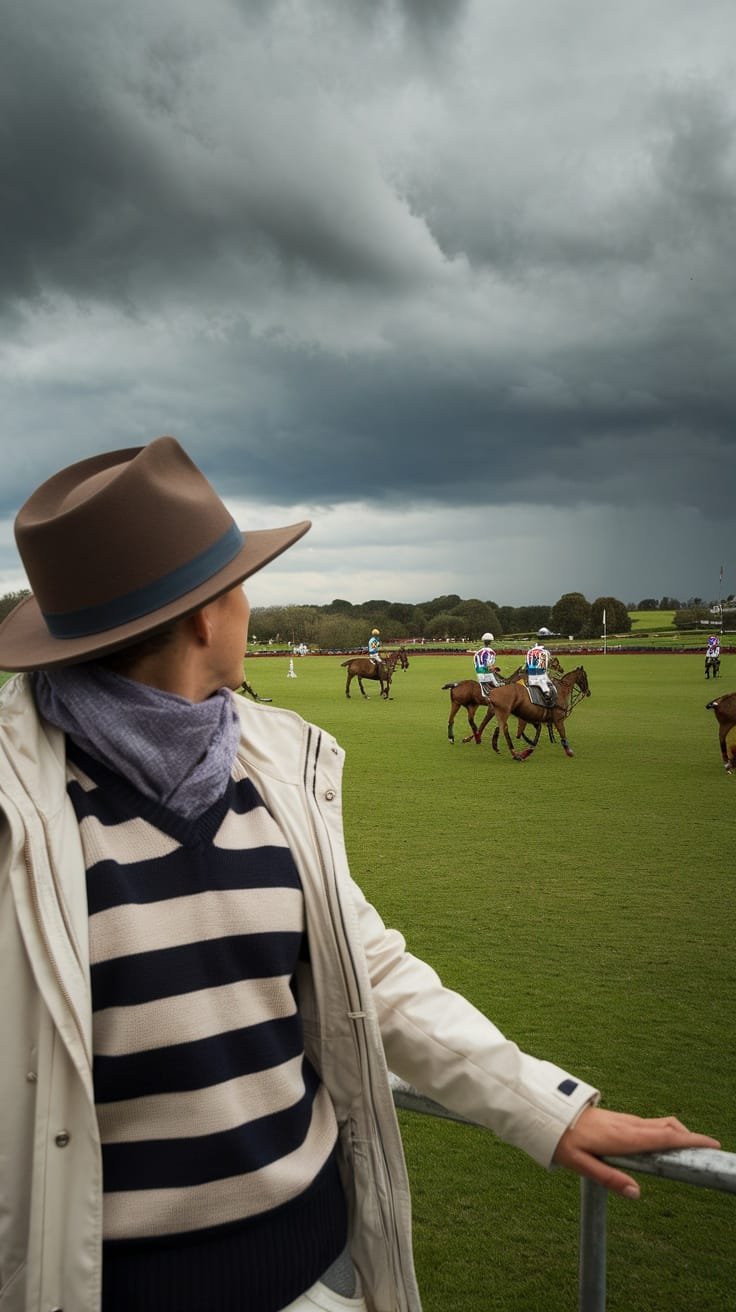 A stylish individual at a polo match, dressed in layers with a striped sweater, jacket, and hat, against a cloudy sky.