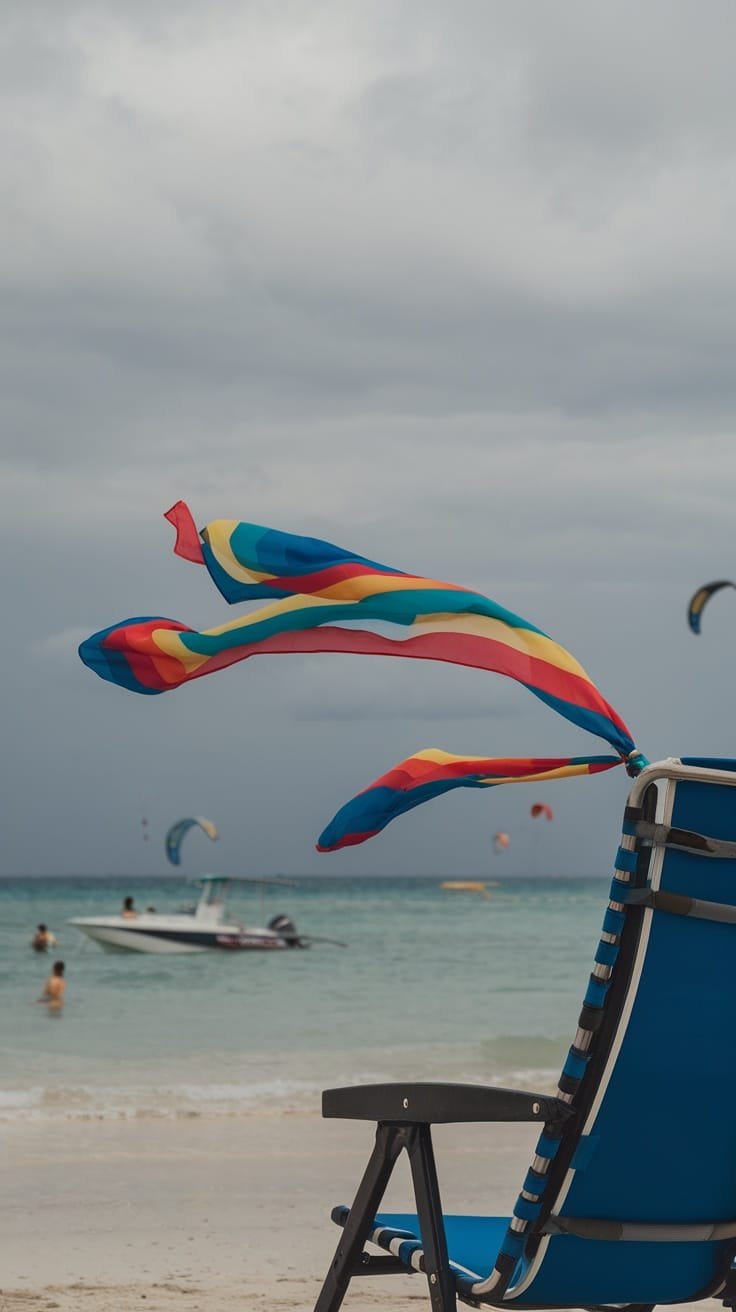 A colorful scarf blowing in the wind on a beach chair with a beach and boats in the background.