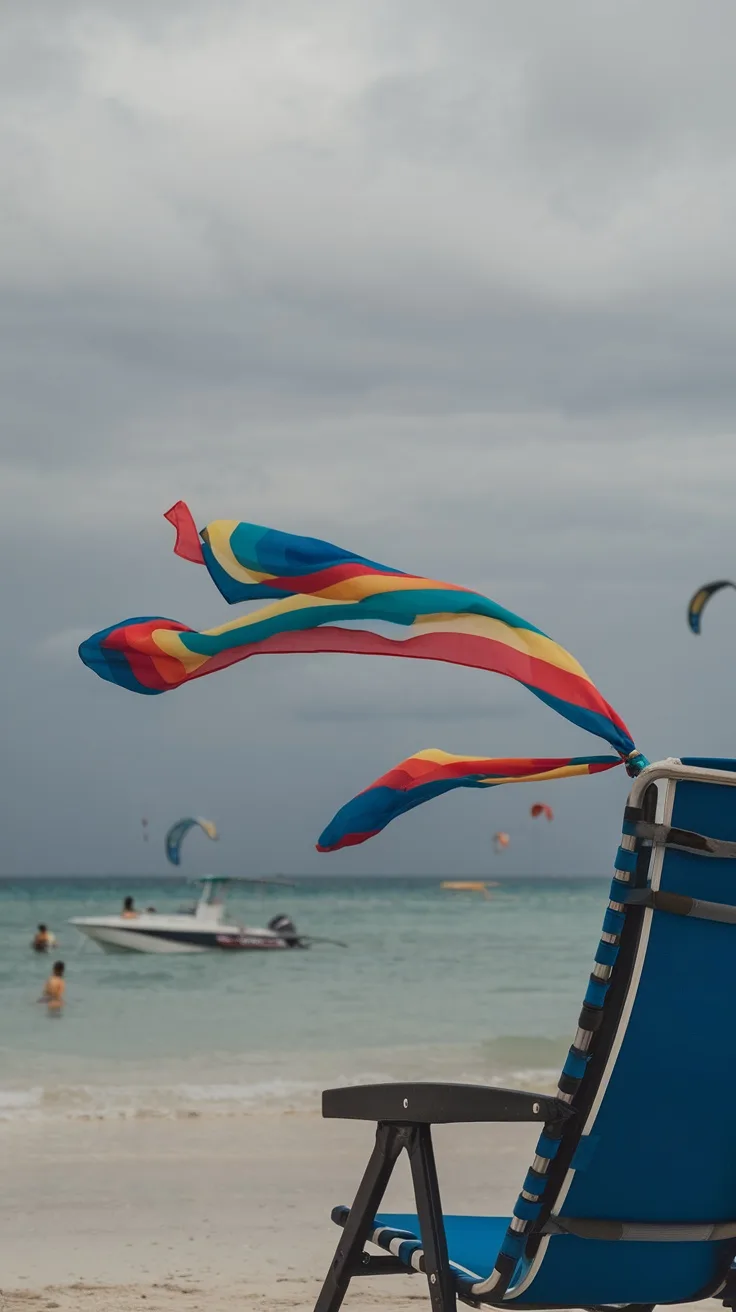 A colorful scarf blowing in the wind on a beach chair with a beach and boats in the background.