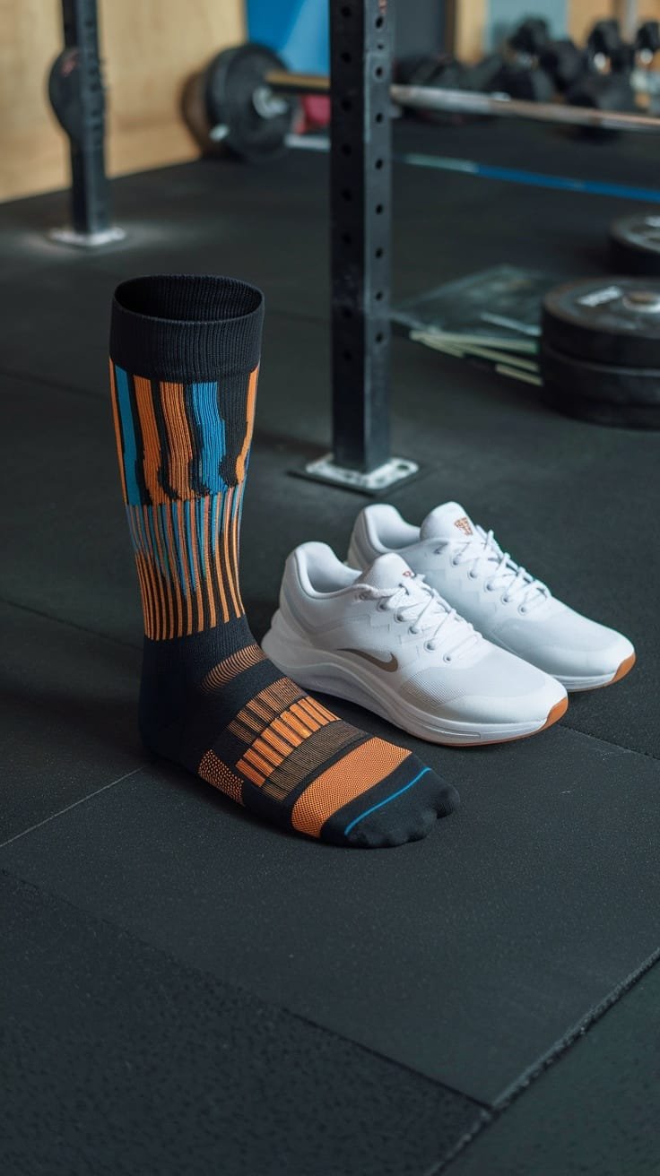 A pair of vibrant lightweight compression socks next to a set of white sneakers on a gym floor.