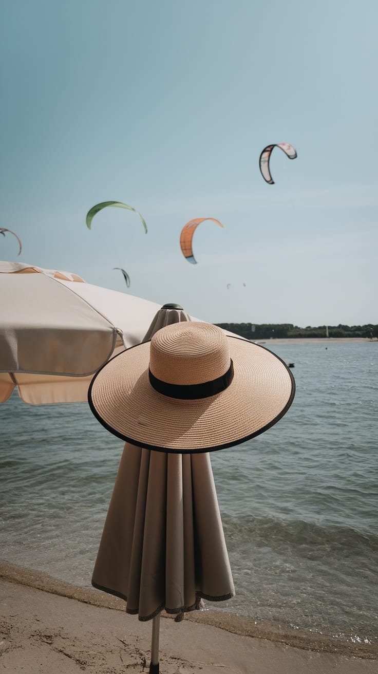 A lightweight straw hat on a beach umbrella with parasailers in the background