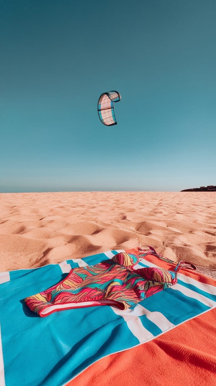 A colorful swimsuit laid out on a beach towel with a kite in the sky