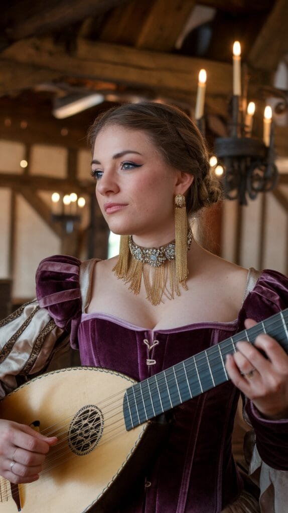 A woman with long tassel earrings and a gemstone choker, playing a lute.