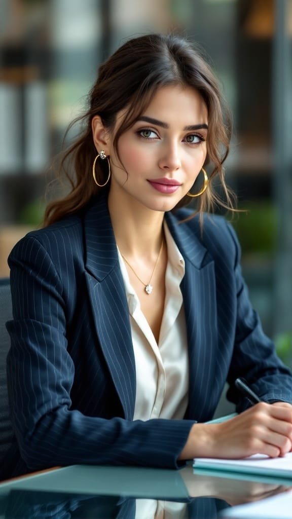 A woman wearing medium gold hoop earrings and a thin chain with a diamond pendant, seated at a desk.