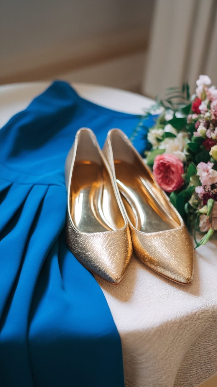 A pair of metallic gold flats next to a blue dress, showcasing a stylish outfit combination.