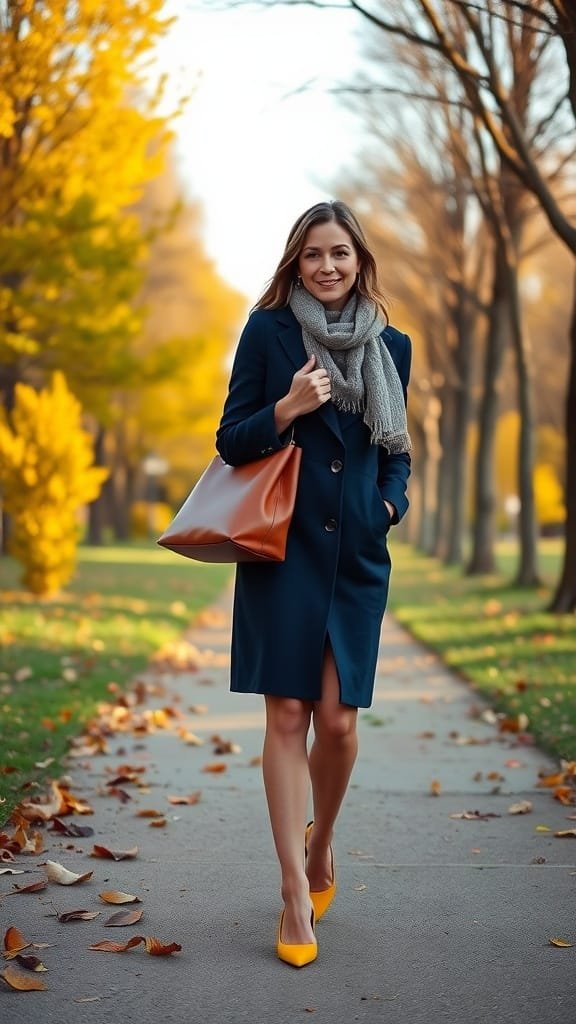A woman walking in a park wearing a blue dress with mustard heels and an orange bag.