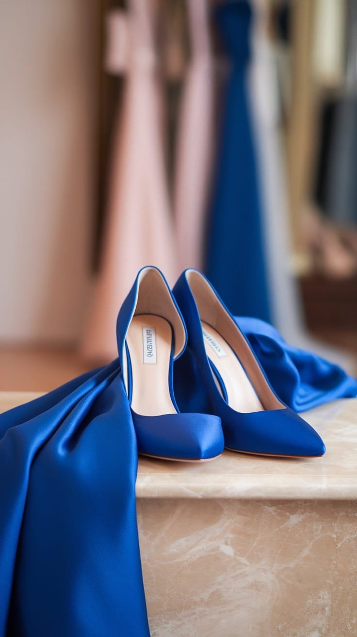 A pair of blue heels displayed with blue fabric in a stylish setting.