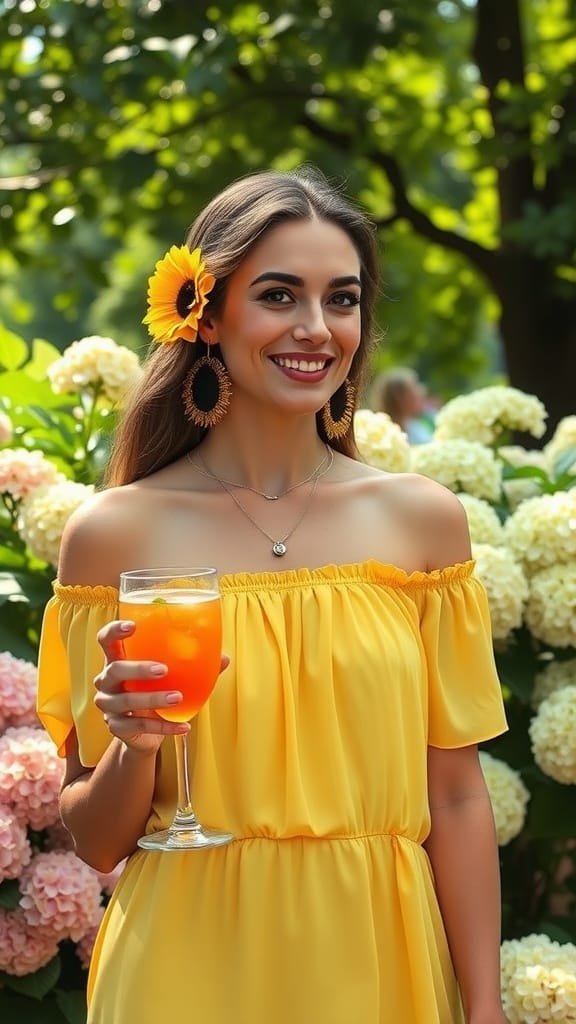 A woman in a lemon-yellow off-shoulder top wears oversized sunflower statement earrings with a delicate necklace.