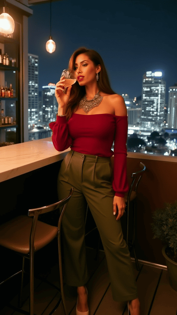 Woman in off-shoulder ruby top and olive green pants holding a drink, standing on a balcony at night.