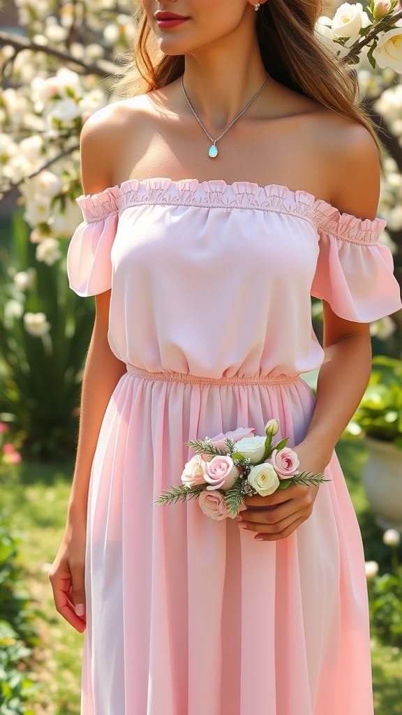 A woman in a pink off-the-shoulder dress holding flowers in a blooming garden.