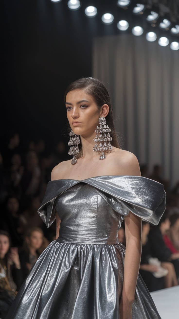 A model wearing a shiny silver off-the-shoulder dress with ornate chandelier earrings.