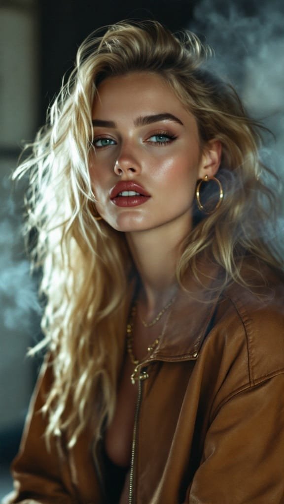 A woman with oversized gold hoop earrings and a thin herringbone chain.