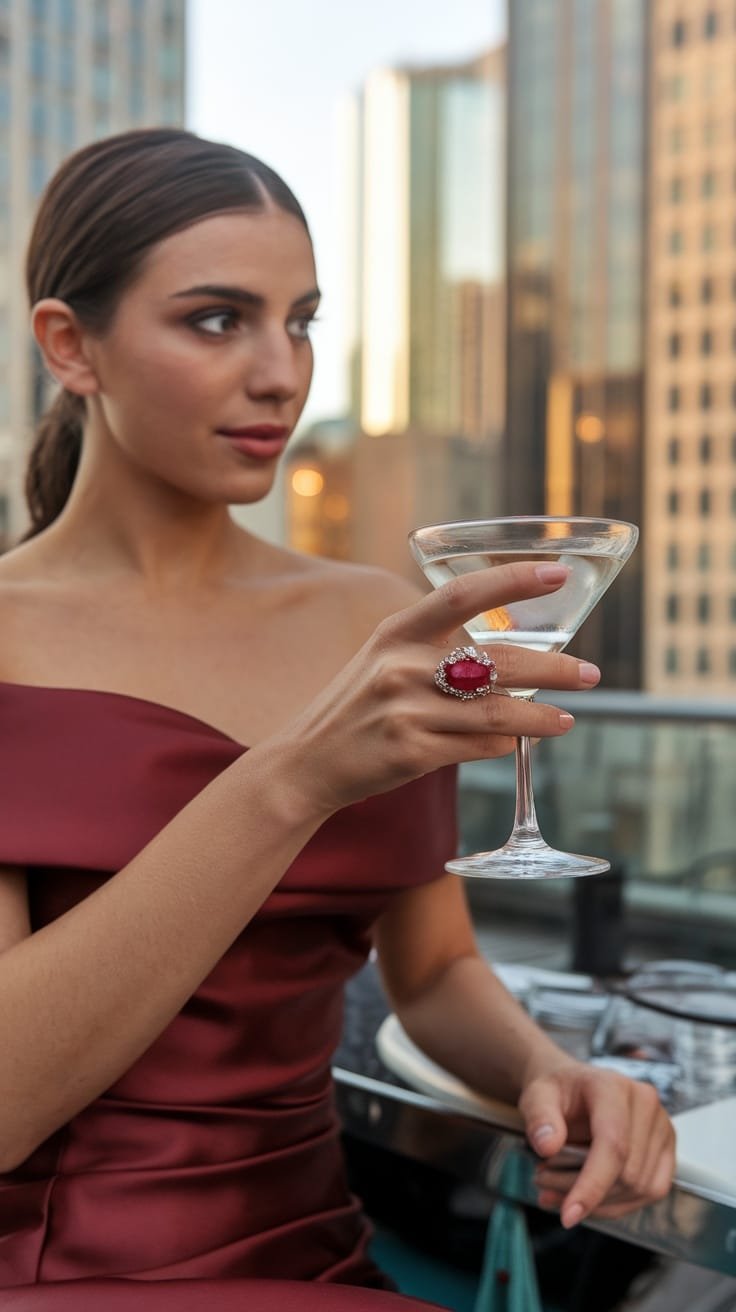 A woman in an off-the-shoulder dress holding a martini glass, showcasing an oversized ruby statement ring.