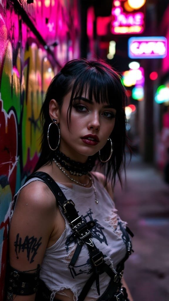 A young woman with oversized silver hoops and a black beaded choker, standing against a colorful urban backdrop.