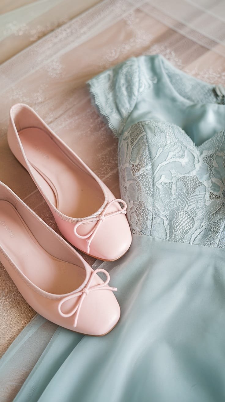 Pastel pink ballet flats next to a blue dress on a soft surface.