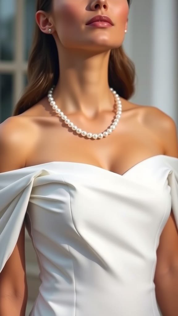 Model wearing an off-the-shoulder dress with a pearl collar necklace