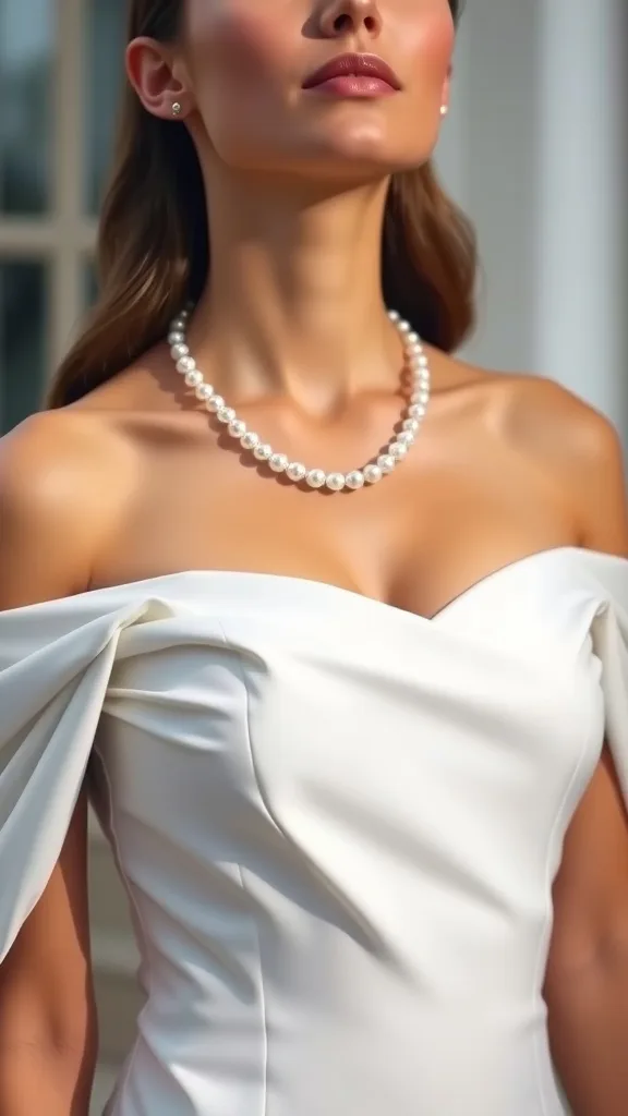 Model wearing an off-the-shoulder dress with a pearl collar necklace