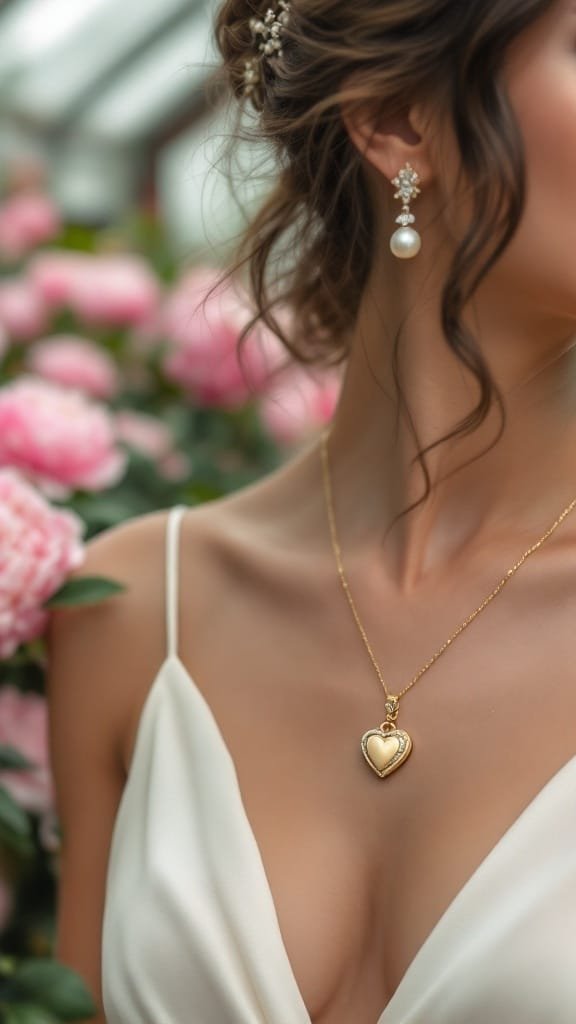 A close-up of a woman wearing pearl dangling earrings and a dainty heart necklace surrounded by flowers.