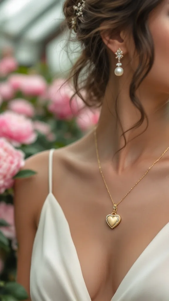 A close-up of a woman wearing pearl dangling earrings and a dainty heart necklace surrounded by flowers.