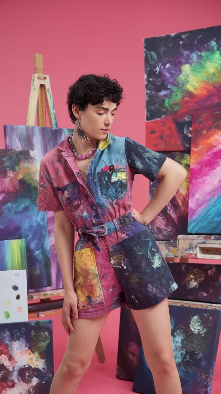 A young person wearing a light brown romper with orange suspenders and sunglasses, posing in a vibrant art-filled space.