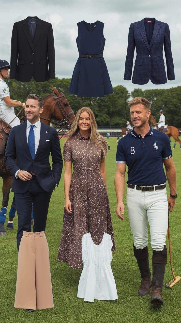 A stylish display of polo match outfits including blazers, dresses, and polo shirts.