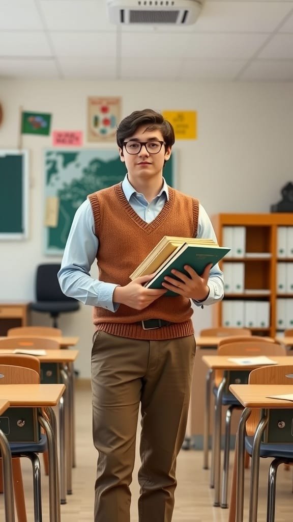 A student wearing a sweater vest and chinos, holding books in a classroom.