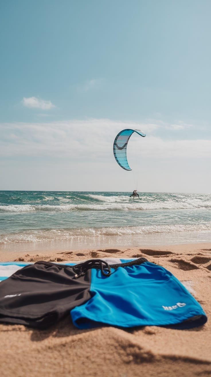 A pair of quick-dry shorts on the beach with a parasailing kite in the background