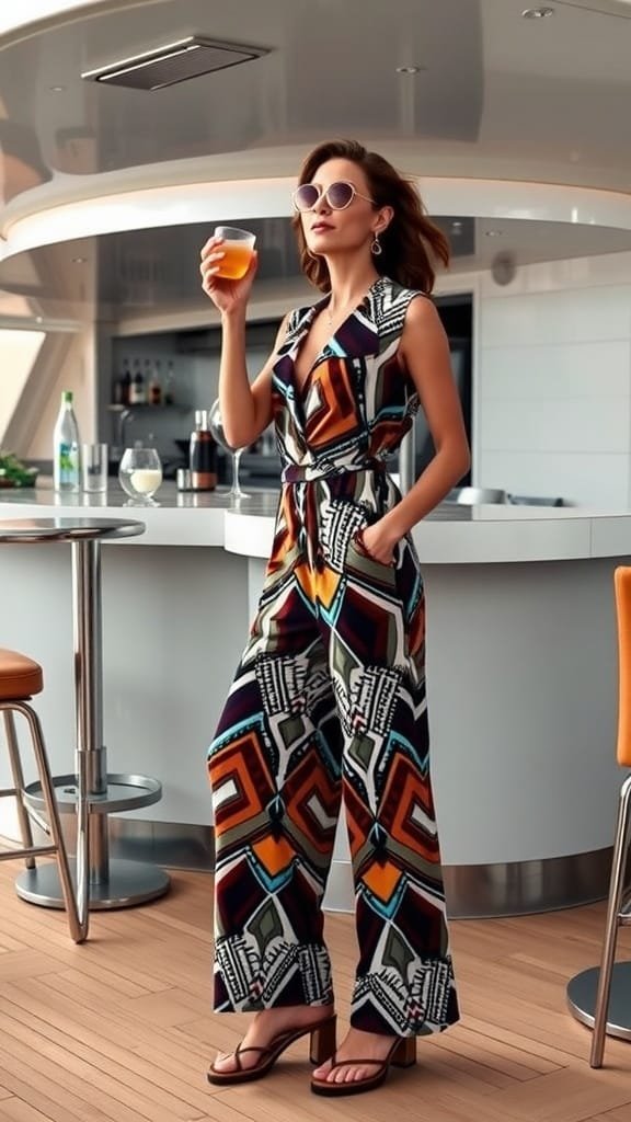 A woman in a colorful, vintage-inspired jumpsuit stands on a yacht, holding a drink and wearing stylish sunglasses.
