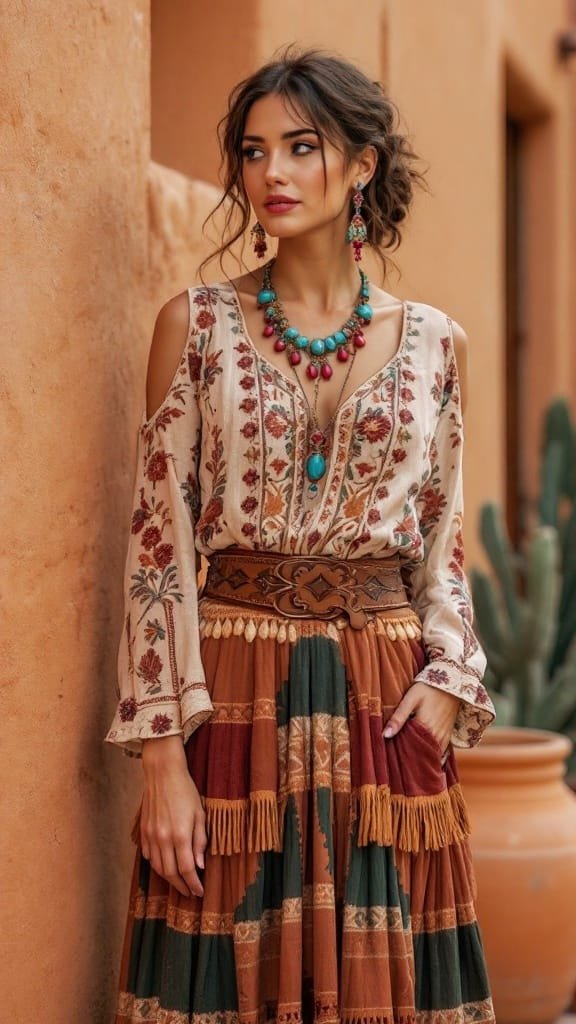 A woman wearing ruby drop earrings and a turquoise pendant necklace.
