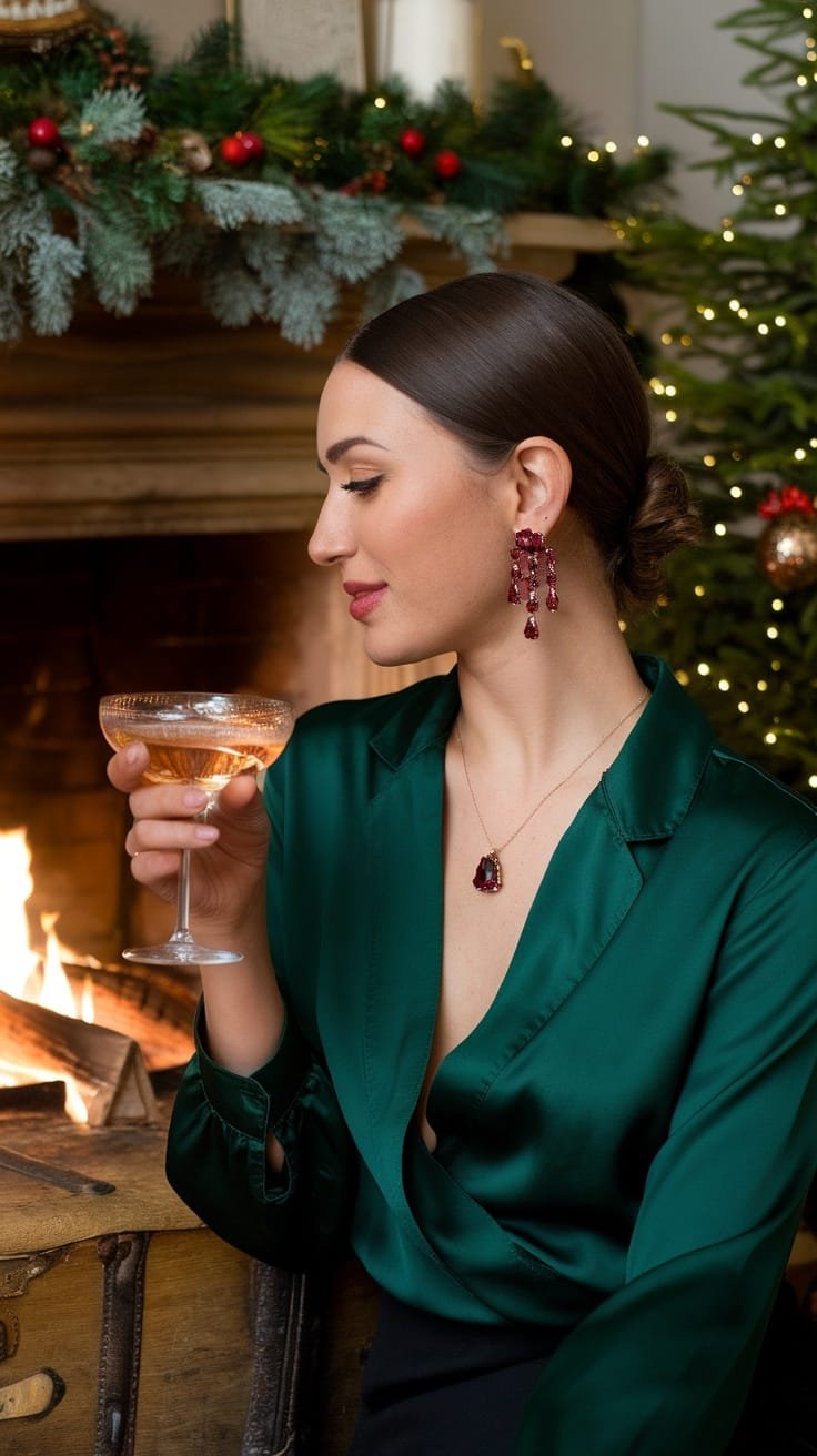 Woman wearing ruby earrings and holding a drink by a fireplace