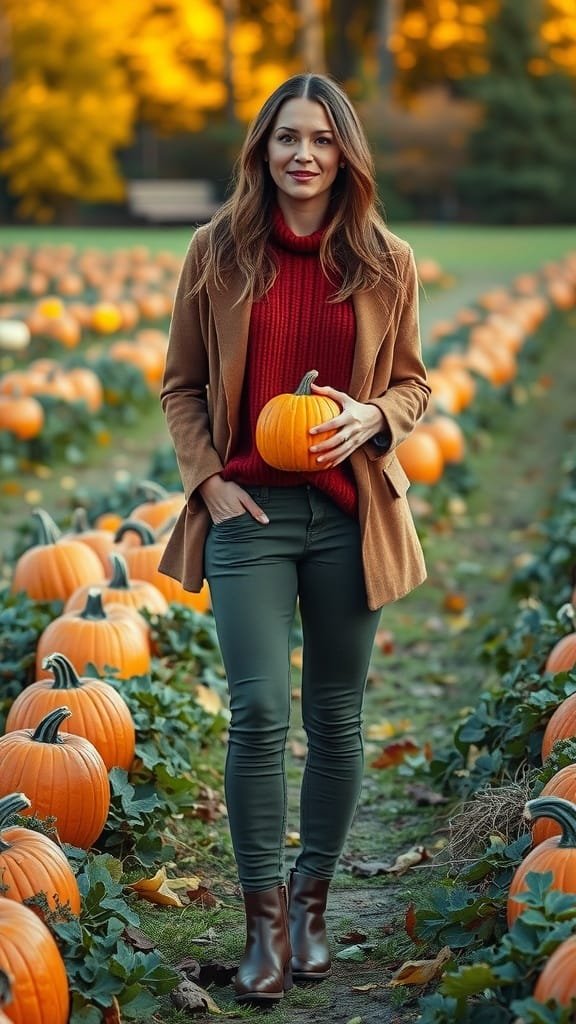 A woman in a rust sweater and olive green pants walking in a pumpkin patch.