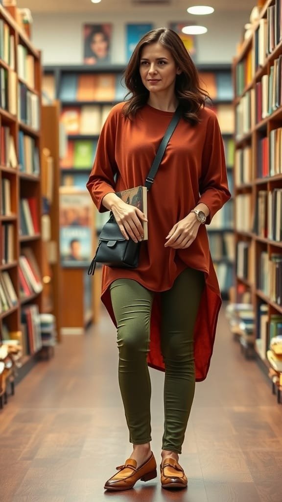 A woman walking in a library, wearing an olive green pants and a rust tunic.