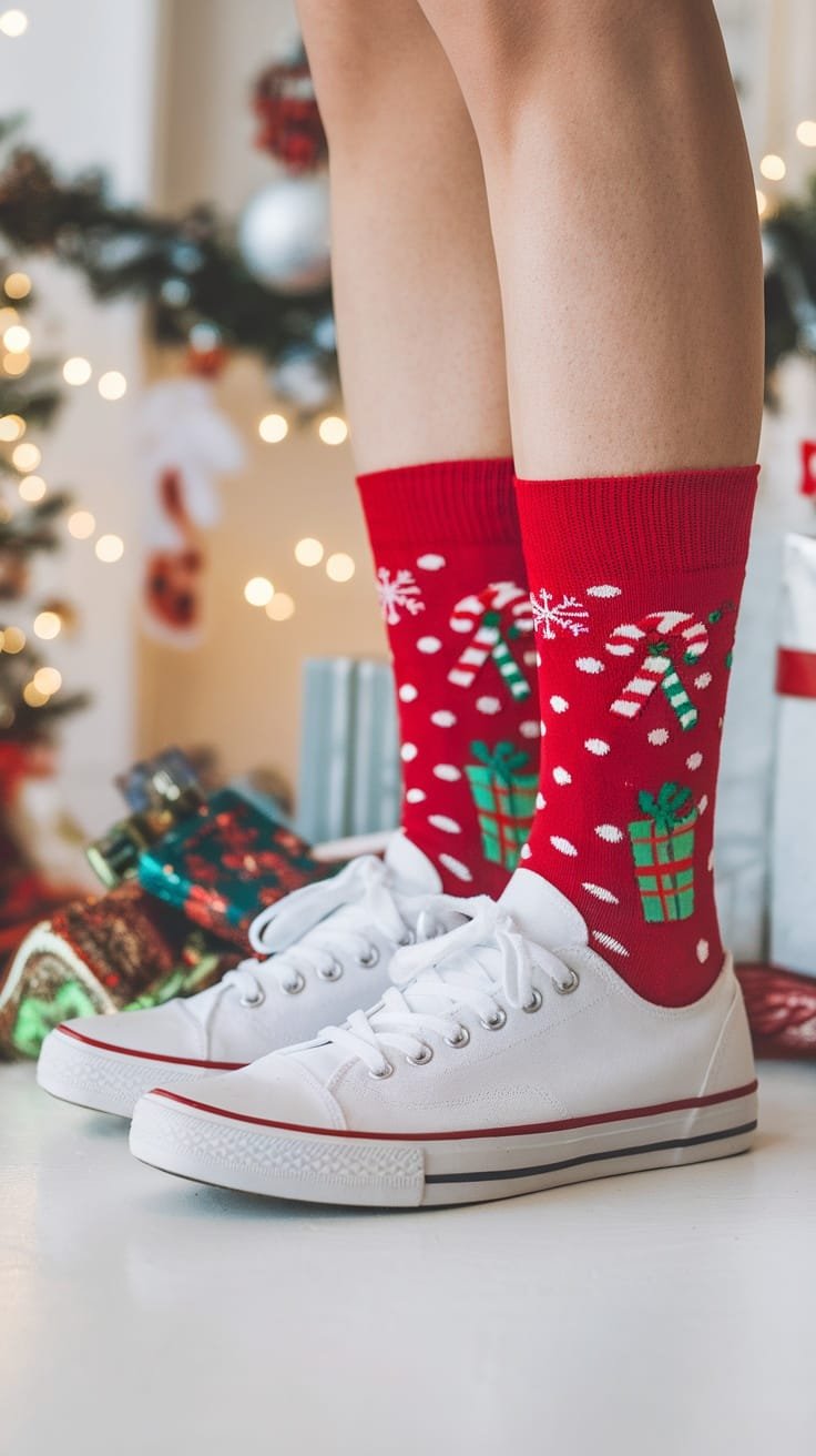 A close-up of white sneakers paired with festive red socks featuring candy canes and presents.