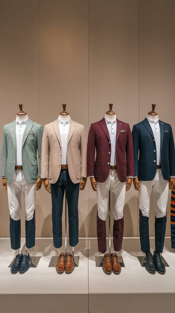 Four mannequins displaying stylish outfits for a polo match, featuring blazers, polo shirts, and trousers.