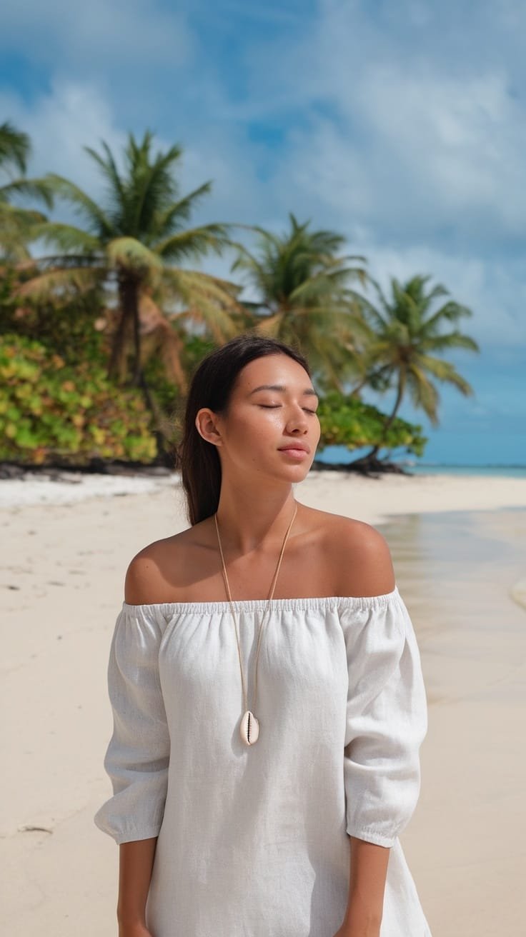 A woman in an off-the-shoulder dress wearing a shell necklace on a beach.