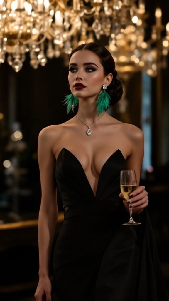A woman wearing shoulder-dusting feather earrings and a diamond drop necklace, holding a glass of champagne in an elegant setting.