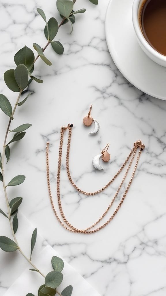 Silver earrings next to rose gold layered chains on a marble surface.