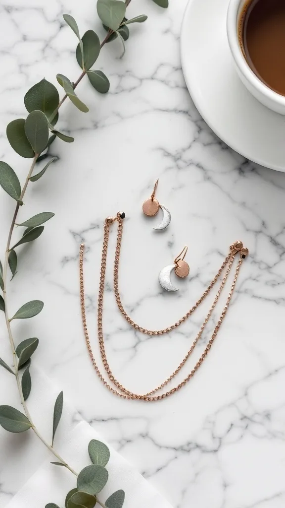 Silver earrings next to rose gold layered chains on a marble surface.