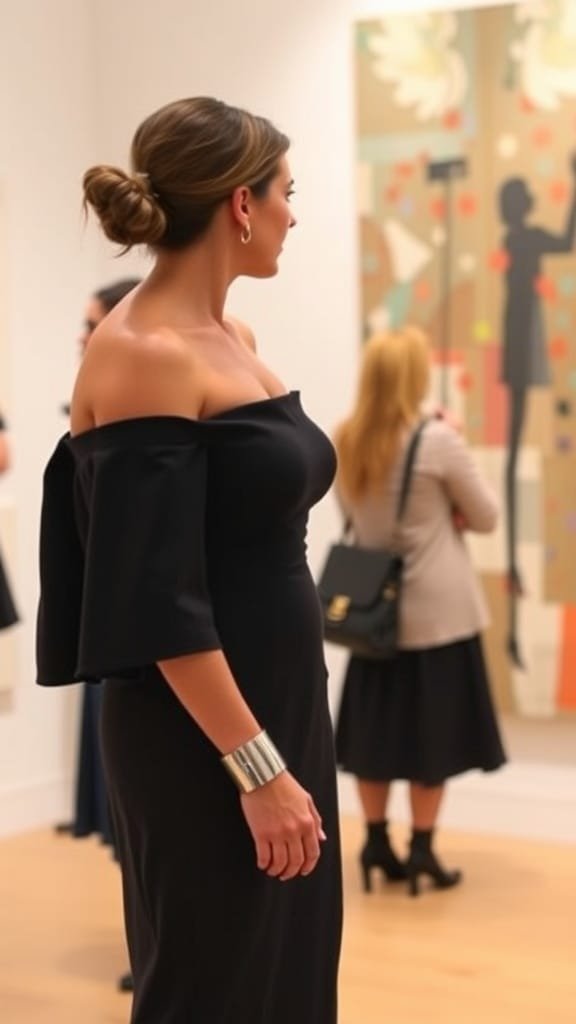 A woman wearing an off-the-shoulder dress and a silver cuff bracelet, engaging with artwork.