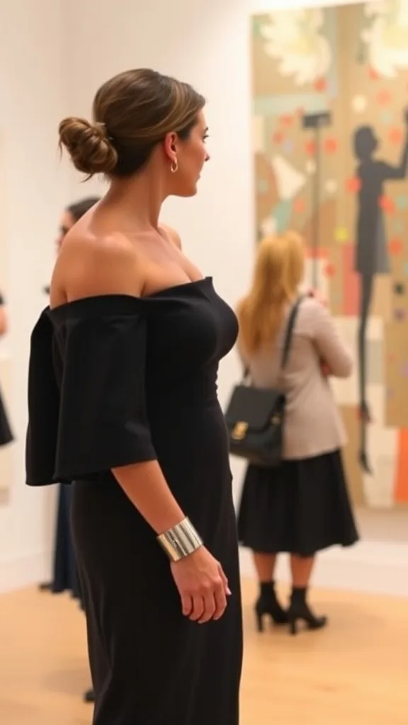 A woman wearing an off-the-shoulder dress and a silver cuff bracelet, engaging with artwork.