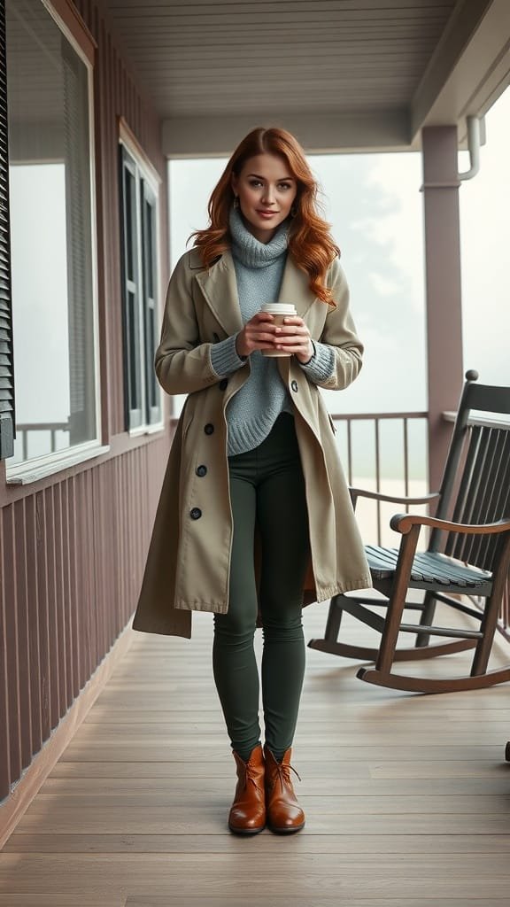 A woman wearing olive green pants and a grey slouchy sweater, standing on a porch holding a coffee cup.