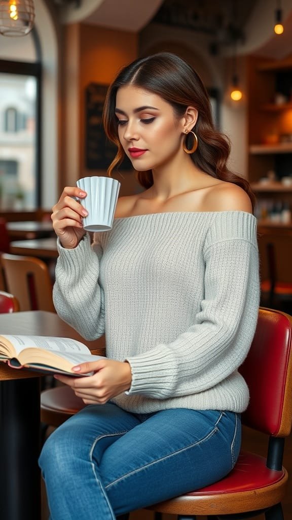 A woman in a cozy sweater enjoying a cup of coffee while reading a book.