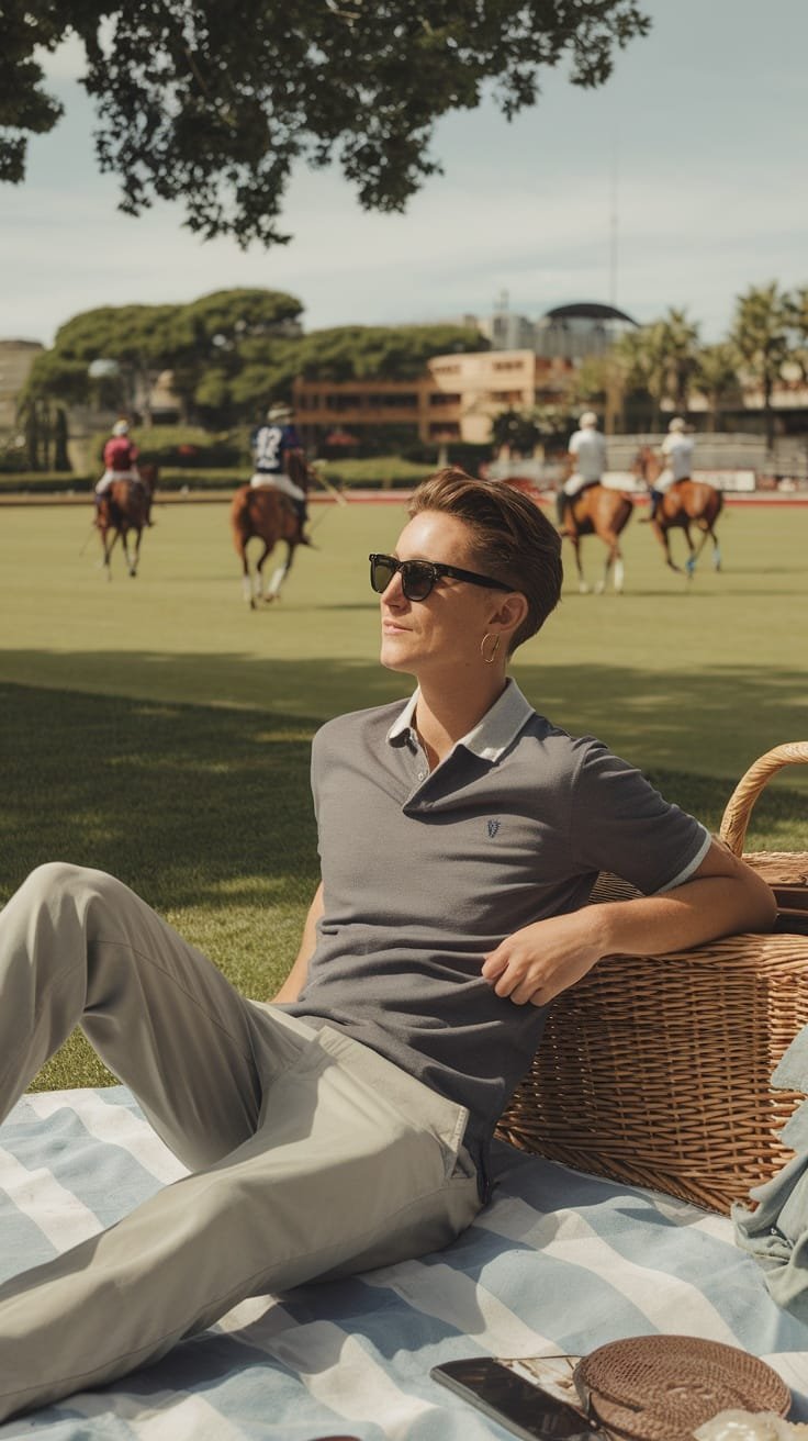 A casually dressed man lounging on a picnic blanket at a polo match, enjoying the game while looking stylish.