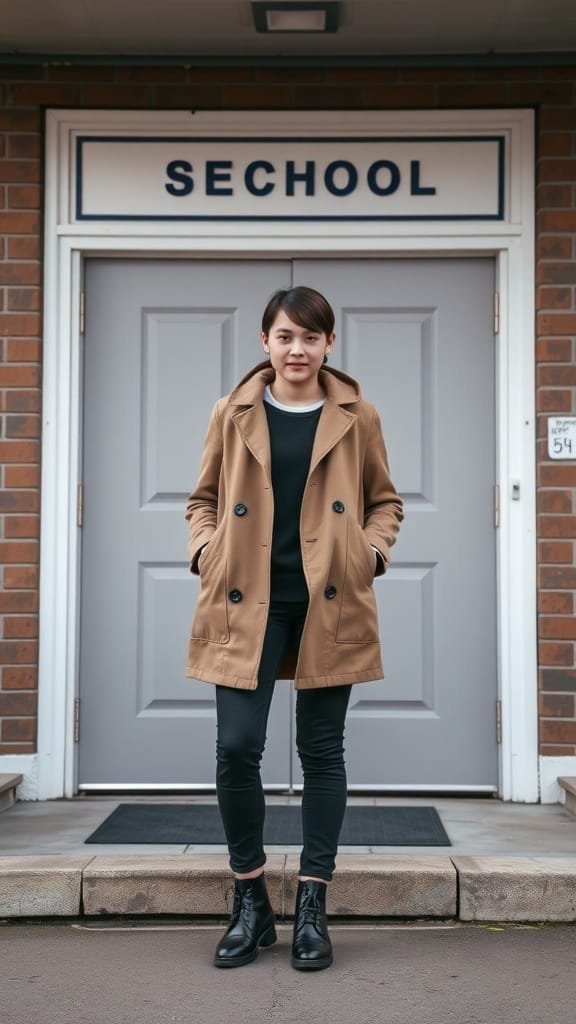 A person in a tailored tan coat standing in front of a school entrance