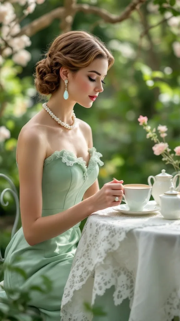 A woman wearing soft teardrop earrings and a pearl necklace, seated at a table in a garden.